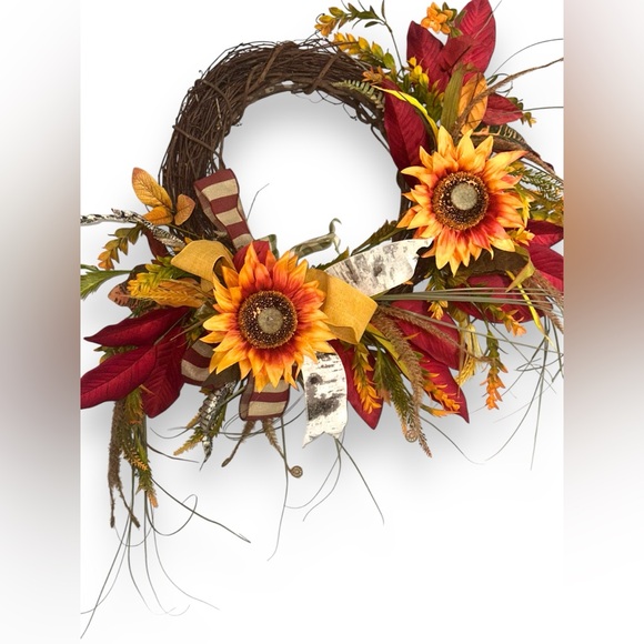 Sunflower Foilage and Bow Large Hanging Fall Wreath for Door or Wall Home Decor - Picture 6 of 13